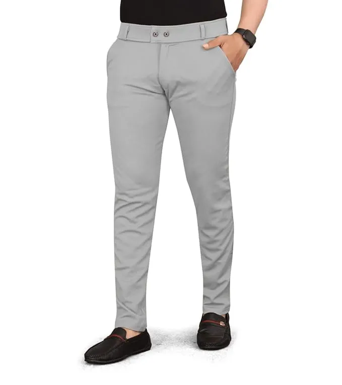 Men Slim Fit Grey Lycra Blend Trousers