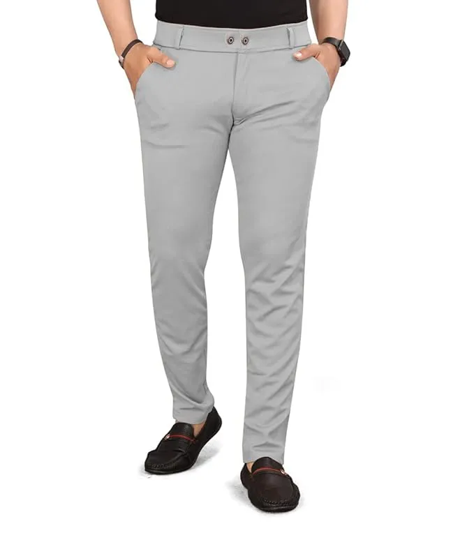 Men Slim Fit Grey Lycra Blend Trousers - Image 2