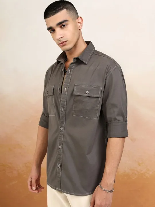 Highlander Men Contrast Stitched Utlity Pocket Relaxed Shirt - Image 2