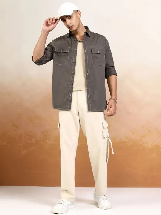 Highlander Men Contrast Stitched Utlity Pocket Relaxed Shirt - Image 5