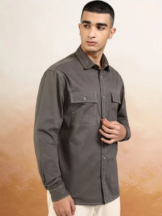 Highlander Men Contrast Stitched Utlity Pocket Relaxed Shirt - Image 4
